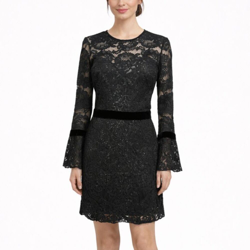 Tadashi Shoji‎ Lace Sheath Dress Women’s 6 Black Bell Sleeve Formal Elegant